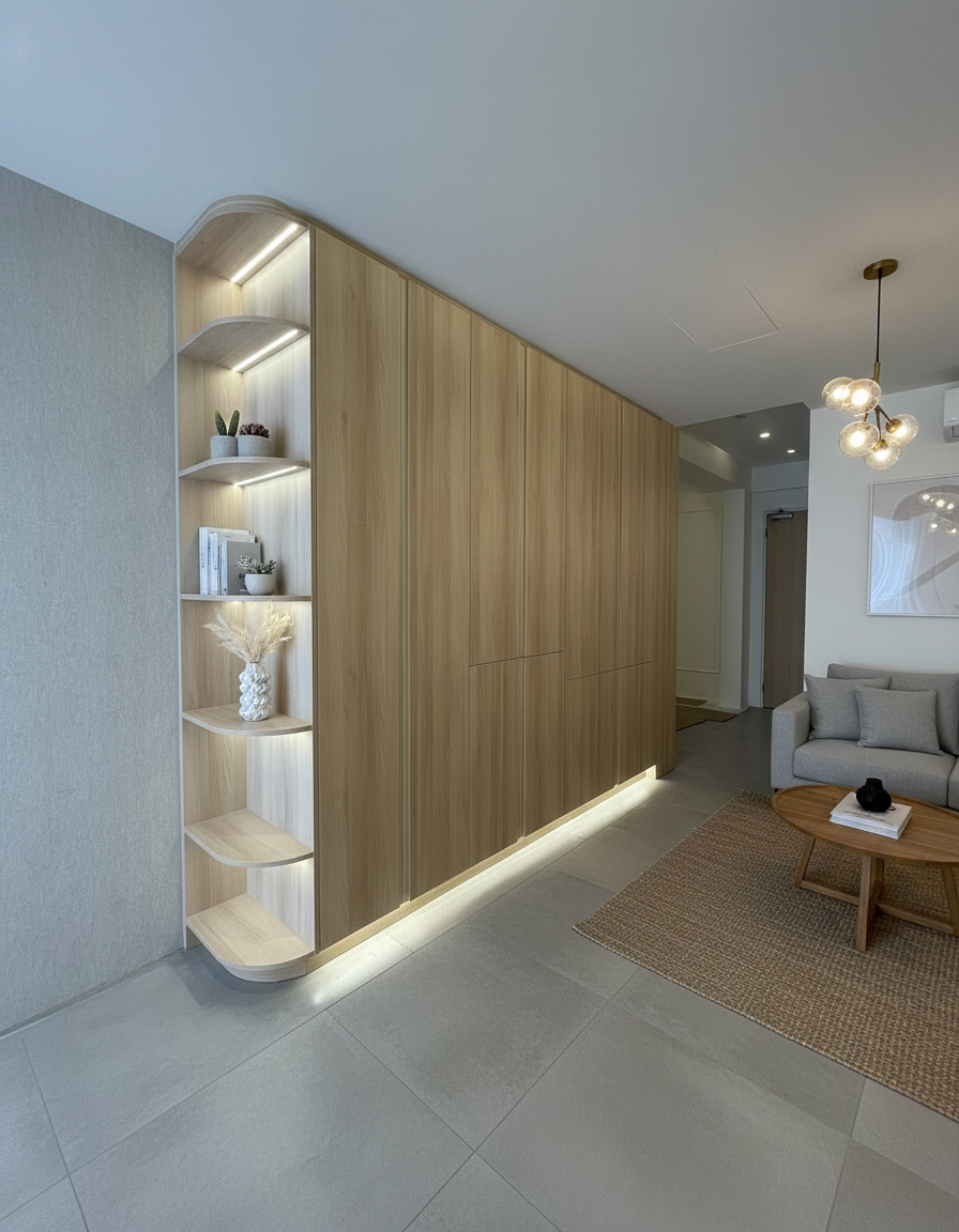 Entrance with curved feature shelving and integrated lighting by Mistry Interiors