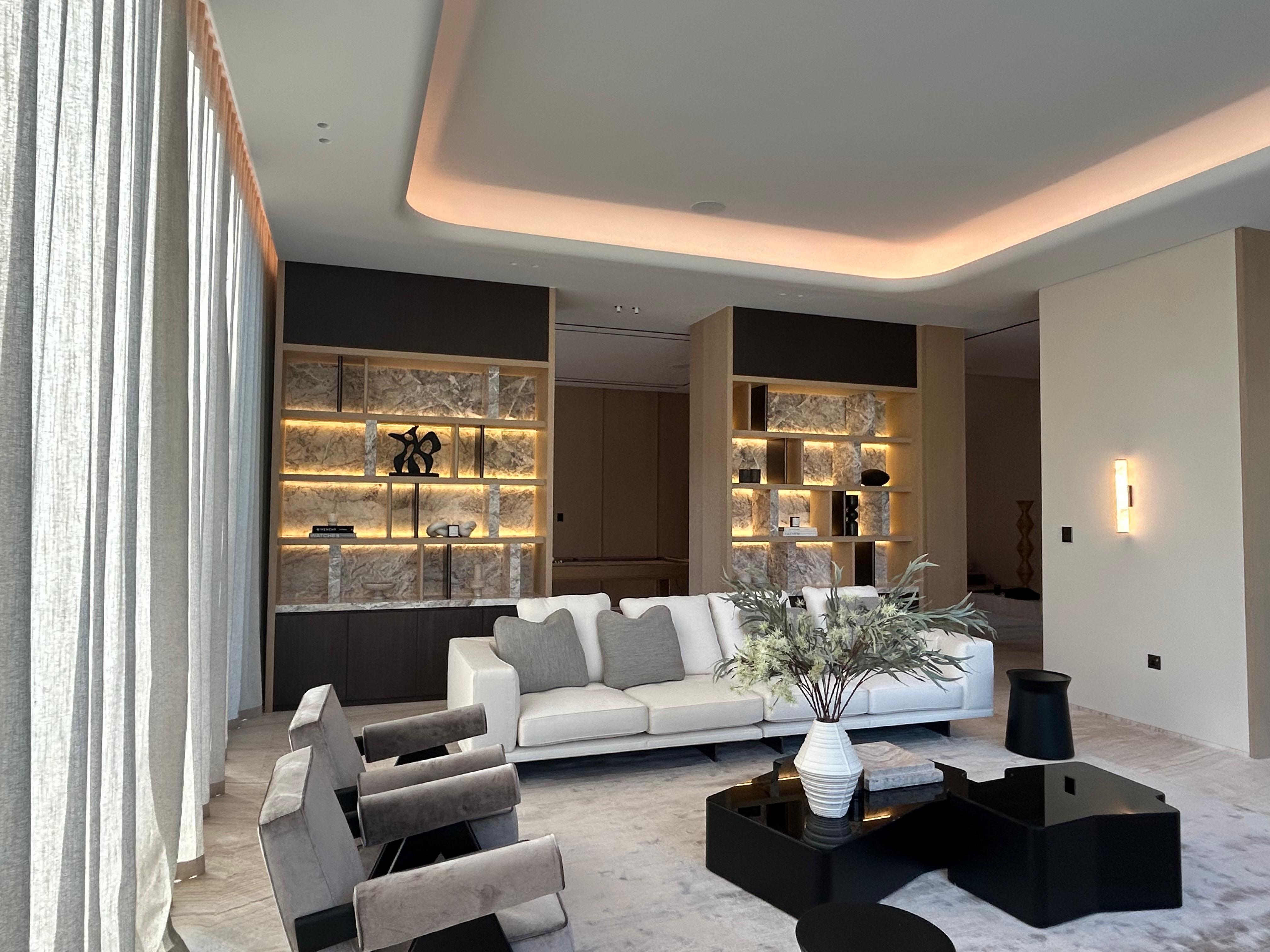 Living lounge with marble feature shelving and bespoke joinery by Mistry Interiors