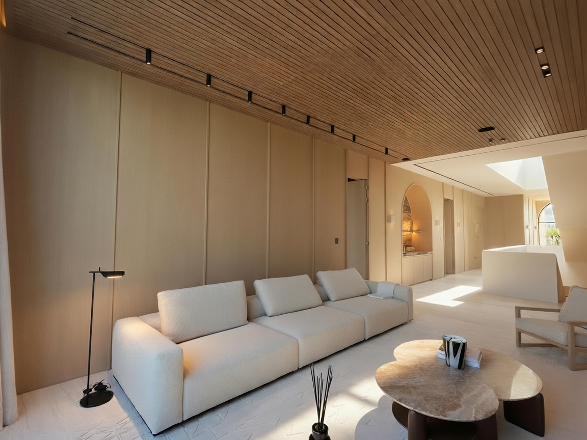 Living room with a slatted wood ceiling and fabric-wrapped wall panels by Mistry Interiors